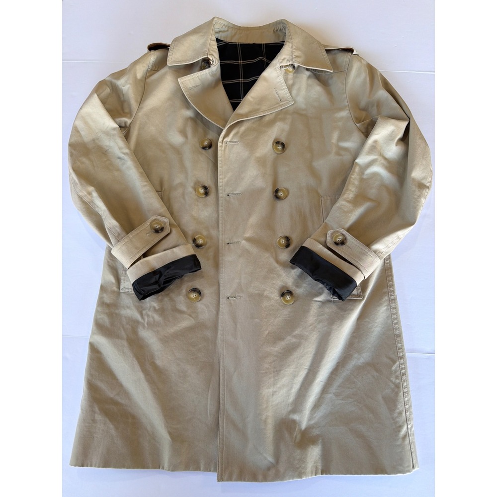 Sandro Paris Mens Khaki Double Breasted Trench Coat Leather Trim L MSRP $1000